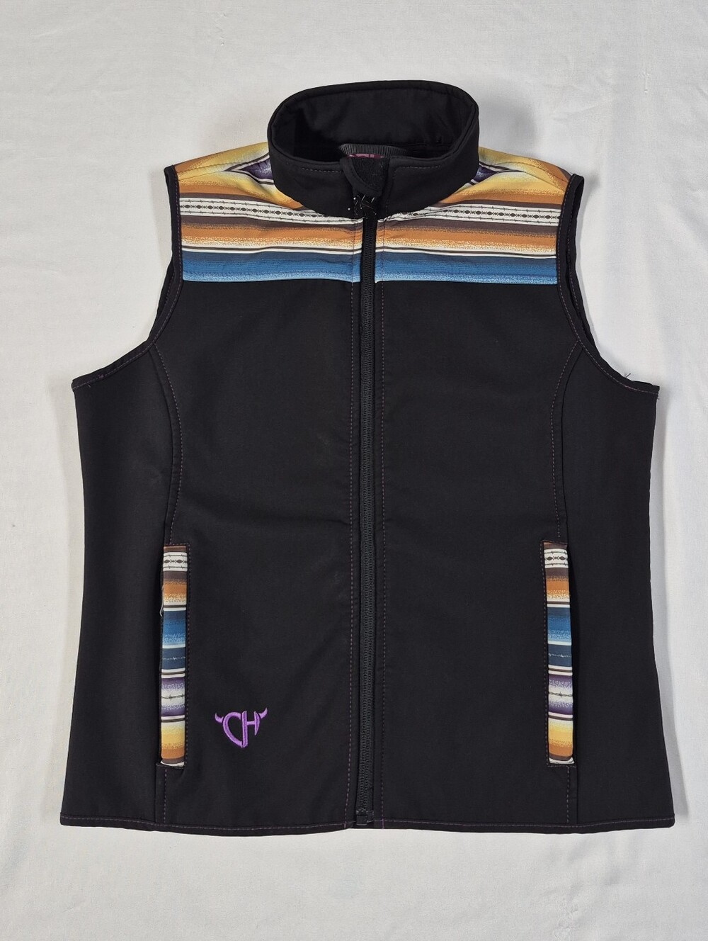 Cowgirl Hardware Black Serape Yoke Accent Poly Shell Western Youth Vest Size L